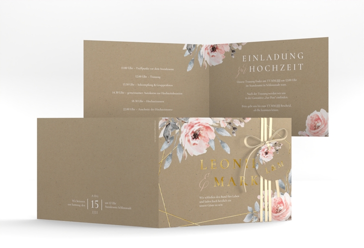 Hochzeitseinladung Perfection A6 Klappkarte quer gold mit rosa Rosen