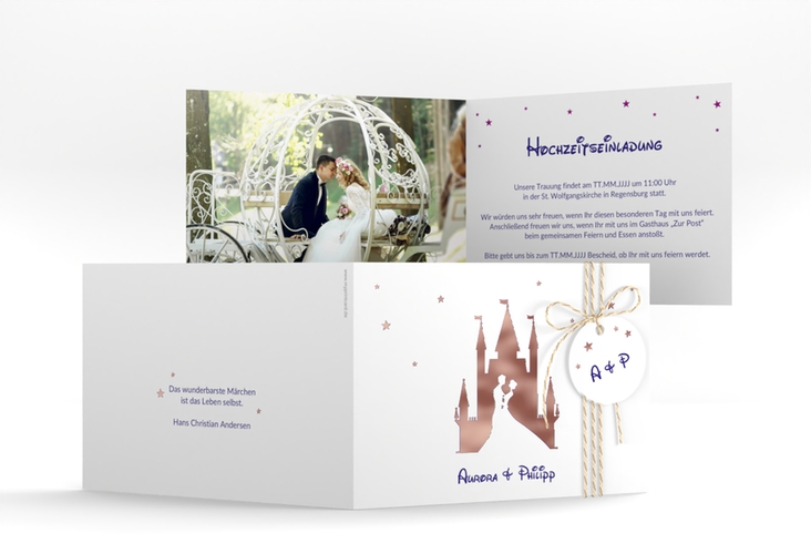 Hochzeitseinladung Castle A6 Klappkarte quer rosegold