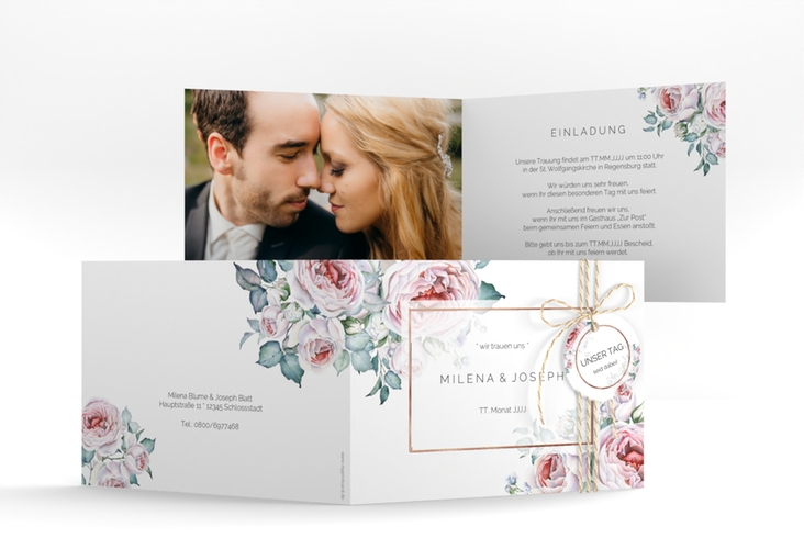 Hochzeitseinladung Embrace A6 Klappkarte quer rosegold