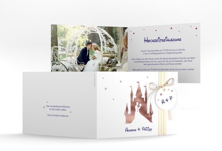 Hochzeitseinladung Castle A6 Klappkarte quer rosegold