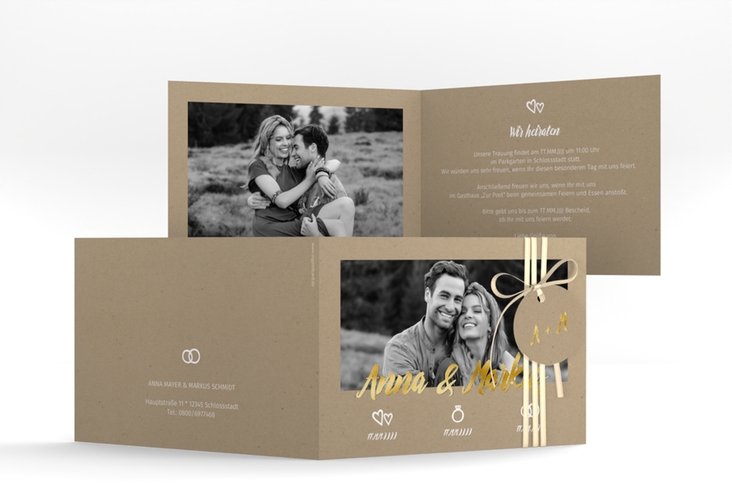 Hochzeitseinladung Icons A6 Klappkarte quer gold in Kraftpapier-Optik mit Foto