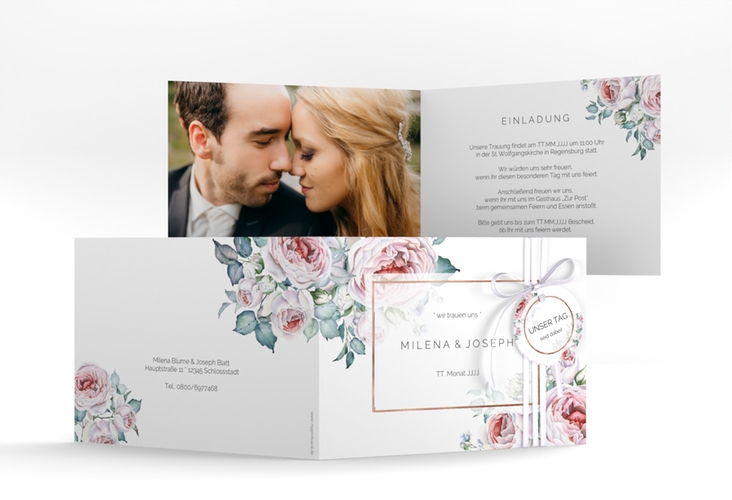 Hochzeitseinladung Embrace A6 Klappkarte quer rosegold