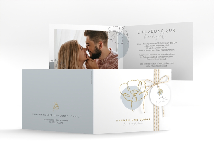 Hochzeitseinladung Flowerline A6 Klappkarte quer gold