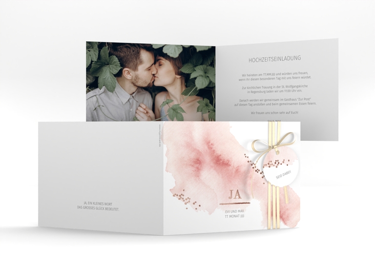 Hochzeitseinladung Pastell A6 Klappkarte quer rosegold