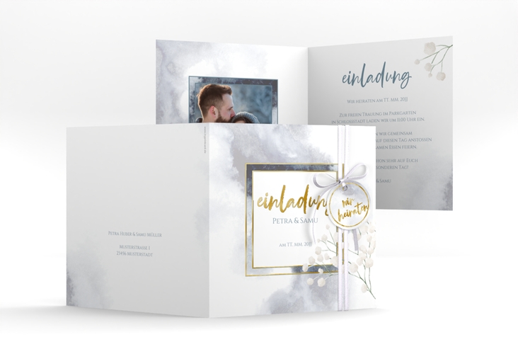 Hochzeitseinladung Winter quadr. Klappkarte blau gold mit Schleierkraut