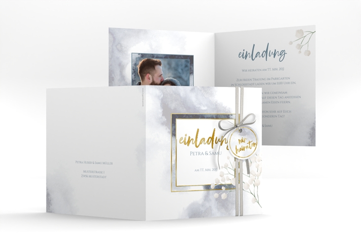 Hochzeitseinladung Winter quadr. Klappkarte blau gold mit Schleierkraut