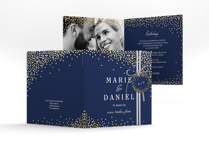 Hochzeitseinladung Glitter quadr. Klappkarte blau gold