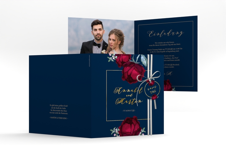 Hochzeitseinladung Peonies quadr. Klappkarte blau gold elegant mit Pfingstrosen