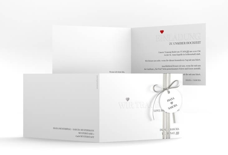 Hochzeitseinladung Embossing A6 Klappkarte quer silber