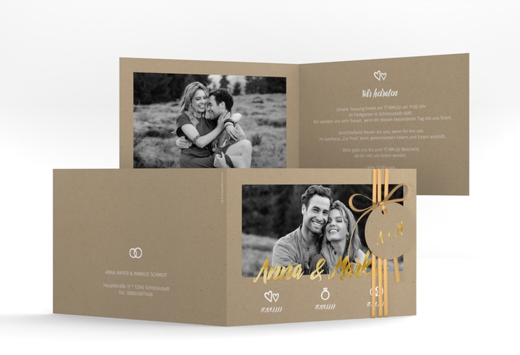 Hochzeitseinladung Icons A6 Klappkarte quer gold in Kraftpapier-Optik mit Foto