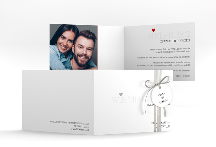 Hochzeitseinladung Embossing A6 Klappkarte quer silber