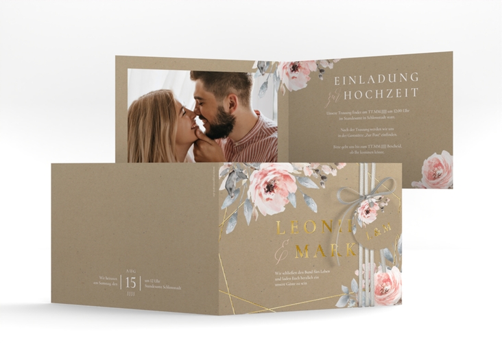 Hochzeitseinladung Perfection A6 Klappkarte quer gold mit rosa Rosen