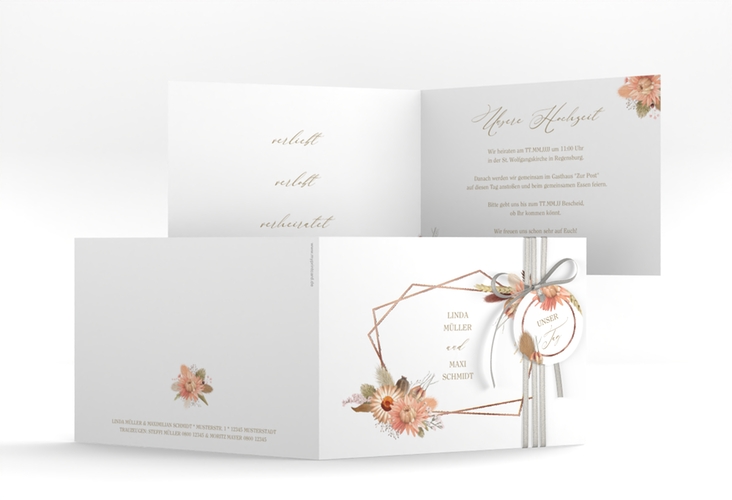 Hochzeitseinladung Strohblume A6 Klappkarte quer rosegold