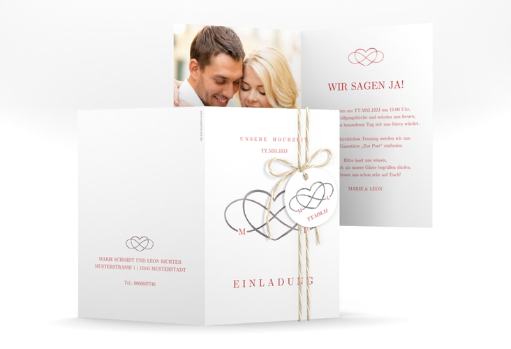 Einladungskarte Hochzeit Infinity A6 Klappkarte hoch rot silber