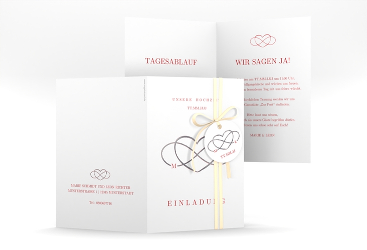 Einladungskarte Hochzeit Infinity A6 Klappkarte hoch rot silber