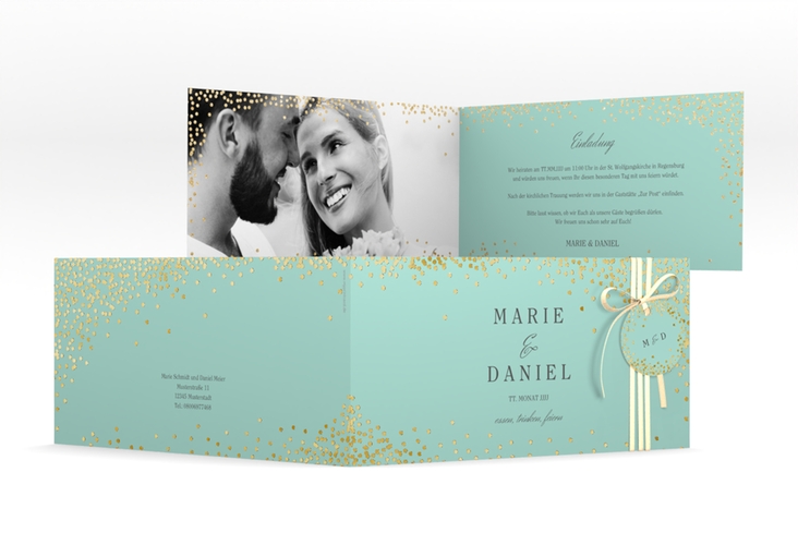 Hochzeitseinladung Glitter lange Klappkarte quer mint gold