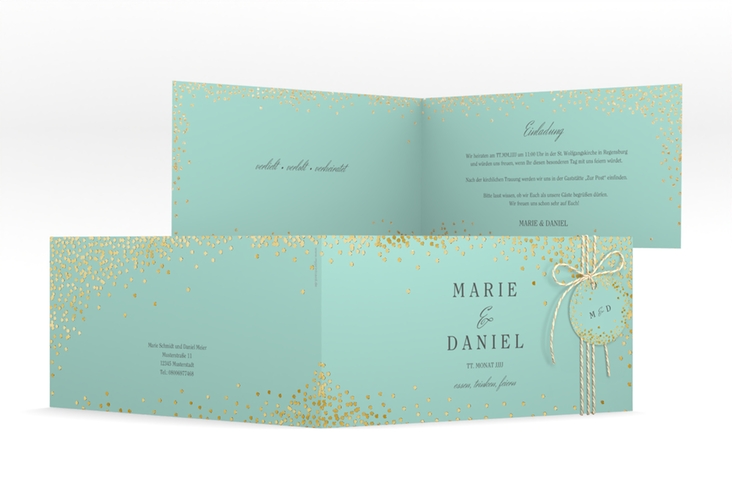 Hochzeitseinladung Glitter lange Klappkarte quer mint gold