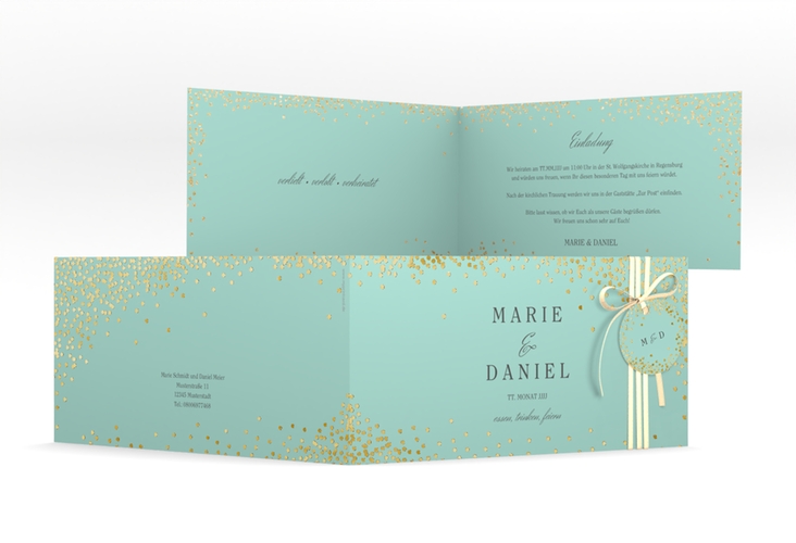 Hochzeitseinladung Glitter lange Klappkarte quer mint gold