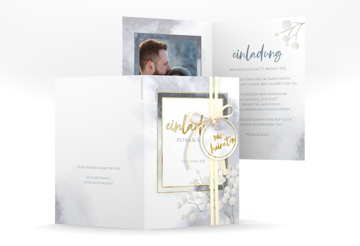 Einladungskarte Hochzeit Winter A6 Klappkarte hoch blau gold mit Schleierkraut