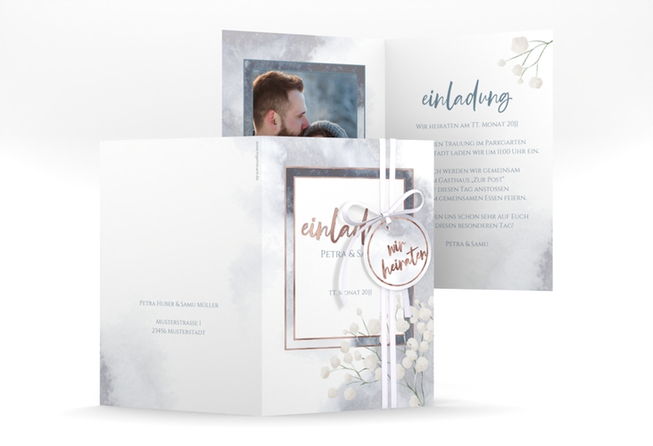 Einladungskarte Hochzeit Winter A6 Klappkarte hoch blau rosegold mit Schleierkraut