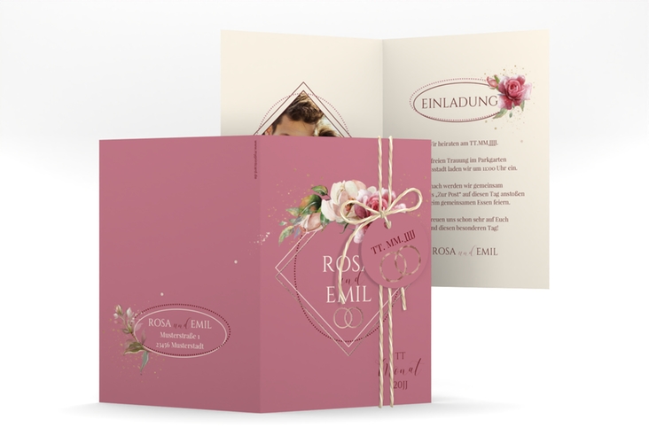 Einladungskarte Hochzeit Rosenbogen A6 Klappkarte hoch rosa rosegold