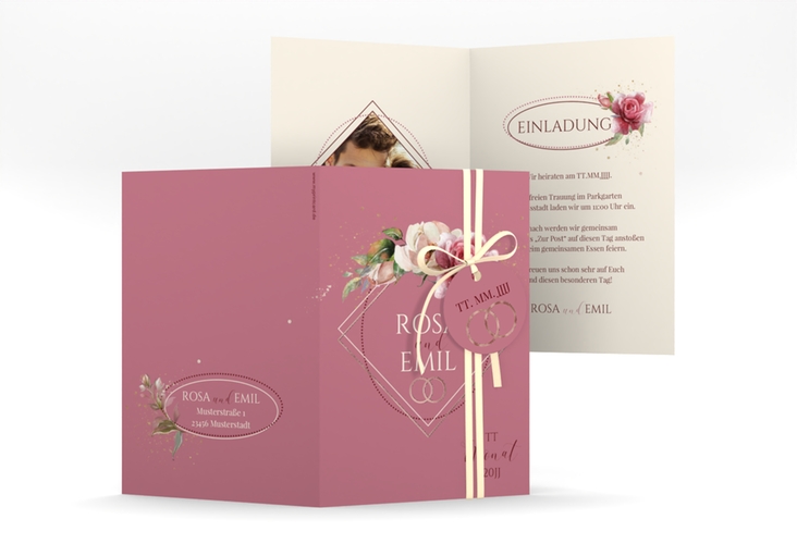 Einladungskarte Hochzeit Rosenbogen A6 Klappkarte hoch rosa rosegold