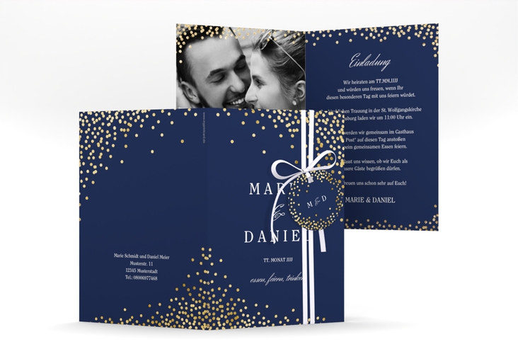 Einladungskarte Hochzeit Glitter A6 Klappkarte hoch blau gold