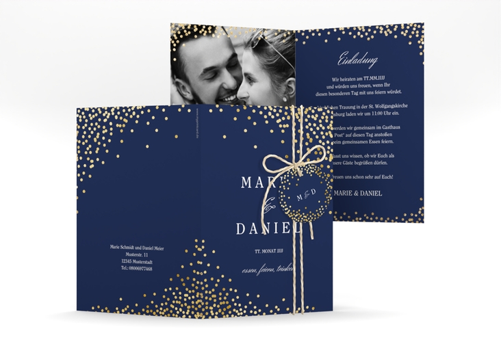 Einladungskarte Hochzeit Glitter A6 Klappkarte hoch blau gold