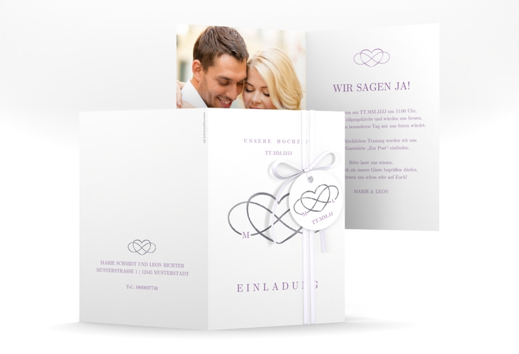 Einladungskarte Hochzeit Infinity A6 Klappkarte hoch lila silber