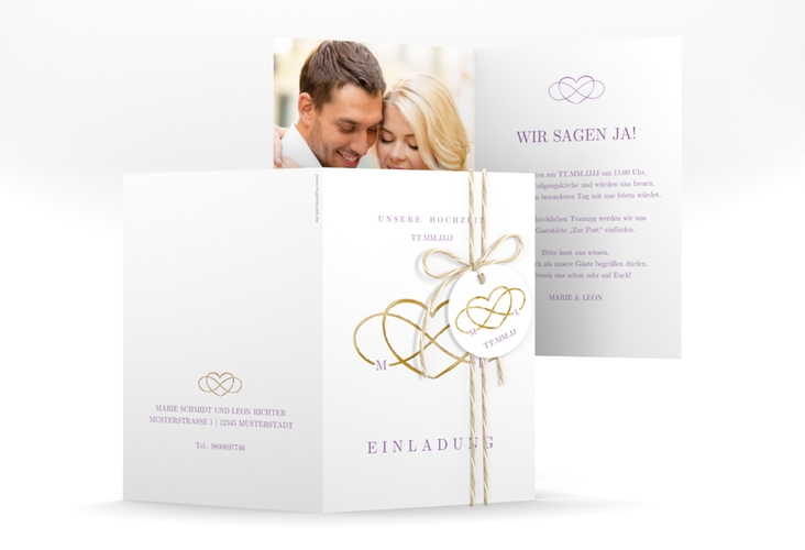 Einladungskarte Hochzeit Infinity A6 Klappkarte hoch lila gold