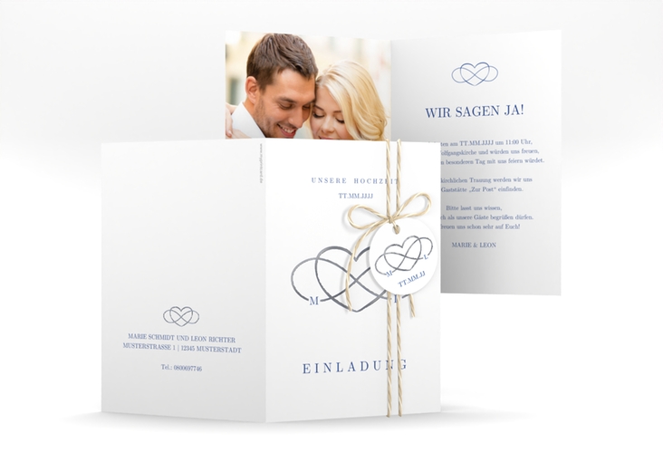 Einladungskarte Hochzeit Infinity A6 Klappkarte hoch blau silber