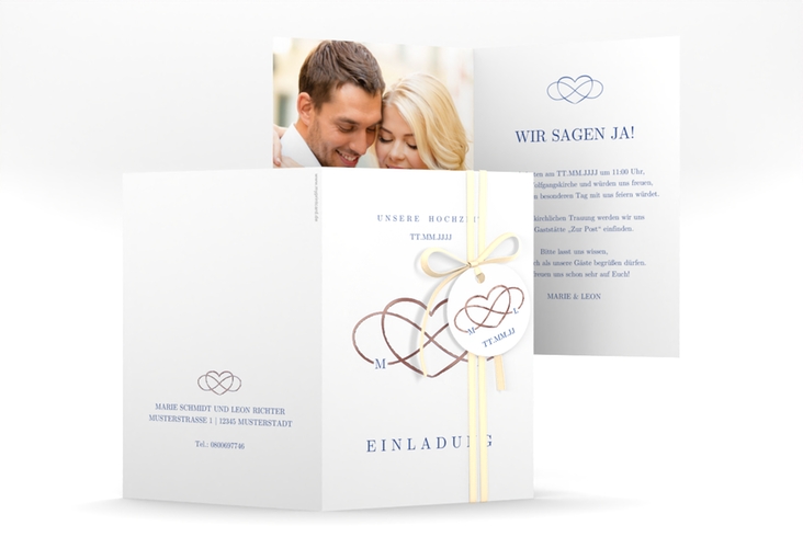 Einladungskarte Hochzeit Infinity A6 Klappkarte hoch blau rosegold