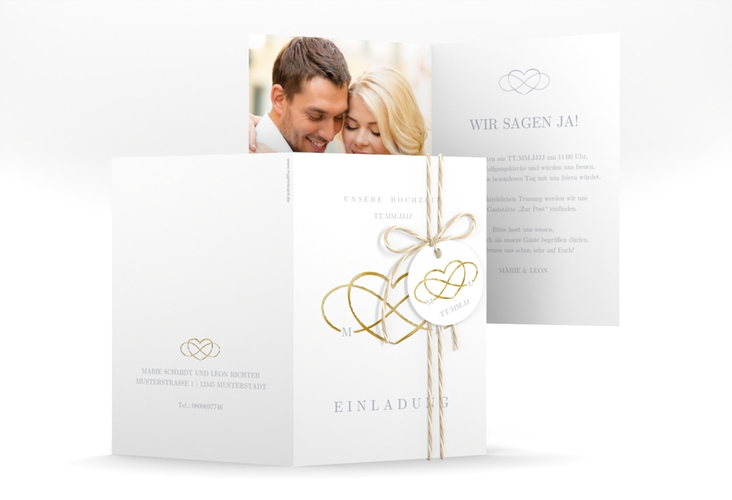 Einladungskarte Hochzeit Infinity A6 Klappkarte hoch grau gold