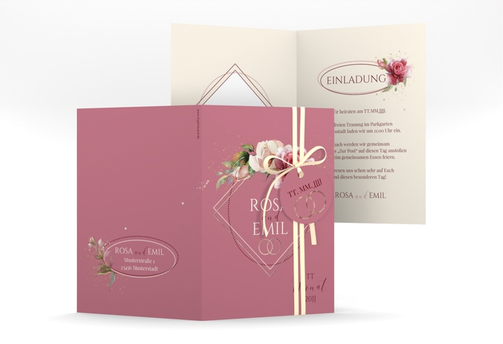 Einladungskarte Hochzeit Rosenbogen A6 Klappkarte hoch rosa rosegold