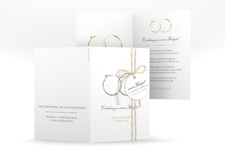 Einladungskarte Hochzeit Trauringe A6 Klappkarte hoch gold silber minimalistisch gestaltet mit zwei Eheringen