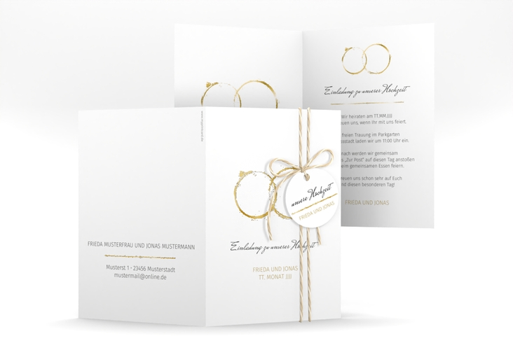 Einladungskarte Hochzeit Trauringe A6 Klappkarte hoch gold gold minimalistisch gestaltet mit zwei Eheringen