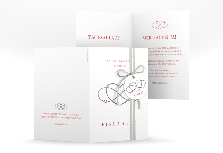 Einladungskarte Hochzeit Infinity A6 Klappkarte hoch rot silber