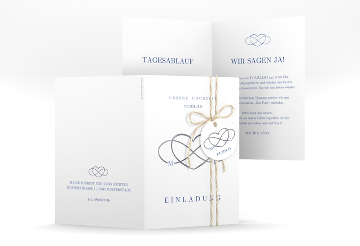 Einladungskarte Hochzeit Infinity A6 Klappkarte hoch blau silber