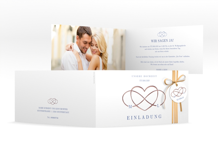 Hochzeitseinladung Infinity lange Klappkarte quer blau rosegold