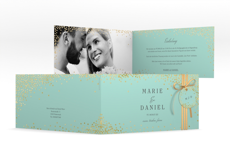 Hochzeitseinladung Glitter lange Klappkarte quer mint gold