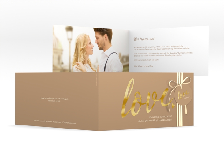 Hochzeitseinladung Glam lange Klappkarte quer beige gold