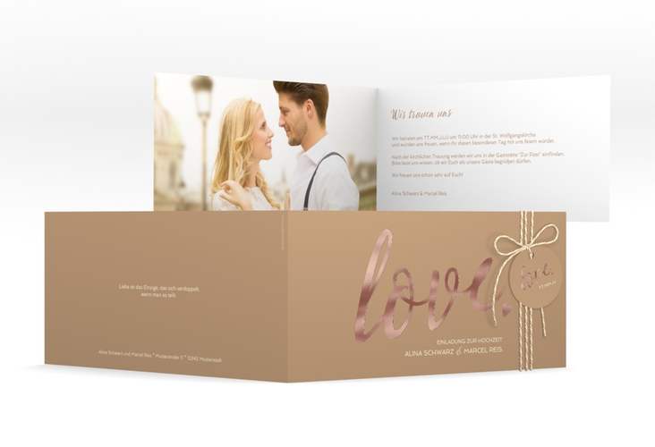 Hochzeitseinladung Glam lange Klappkarte quer beige rosegold