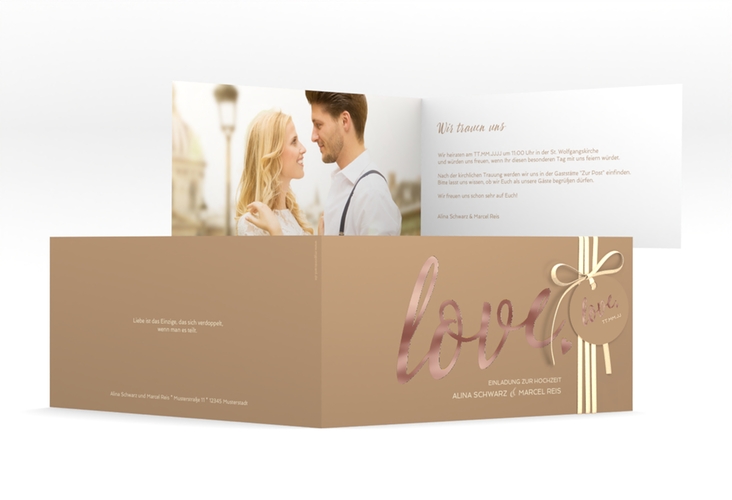 Hochzeitseinladung Glam lange Klappkarte quer beige rosegold