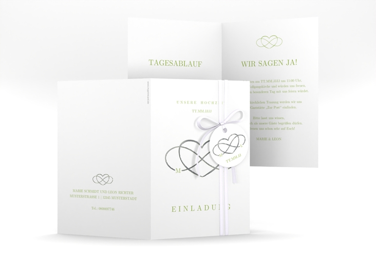 Einladungskarte Hochzeit Infinity A6 Klappkarte hoch gruen silber