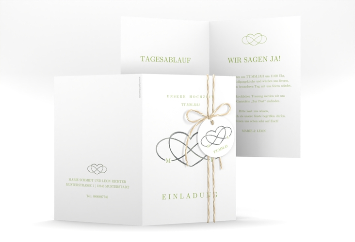 Einladungskarte Hochzeit Infinity A6 Klappkarte hoch gruen silber