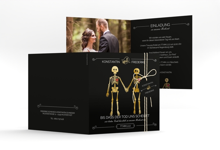 Hochzeitseinladung Bones quadr. Klappkarte schwarz gold