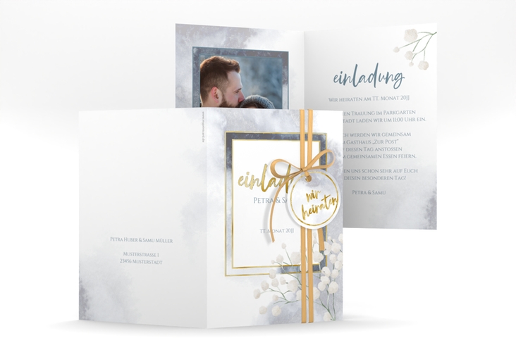 Einladungskarte Hochzeit Winter A6 Klappkarte hoch blau gold mit Schleierkraut