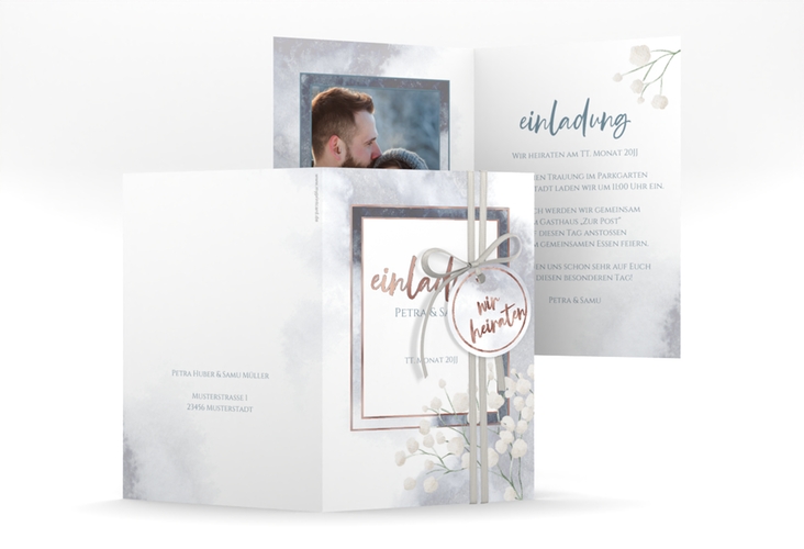 Einladungskarte Hochzeit Winter A6 Klappkarte hoch blau rosegold mit Schleierkraut