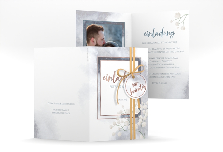 Einladungskarte Hochzeit Winter A6 Klappkarte hoch blau rosegold mit Schleierkraut