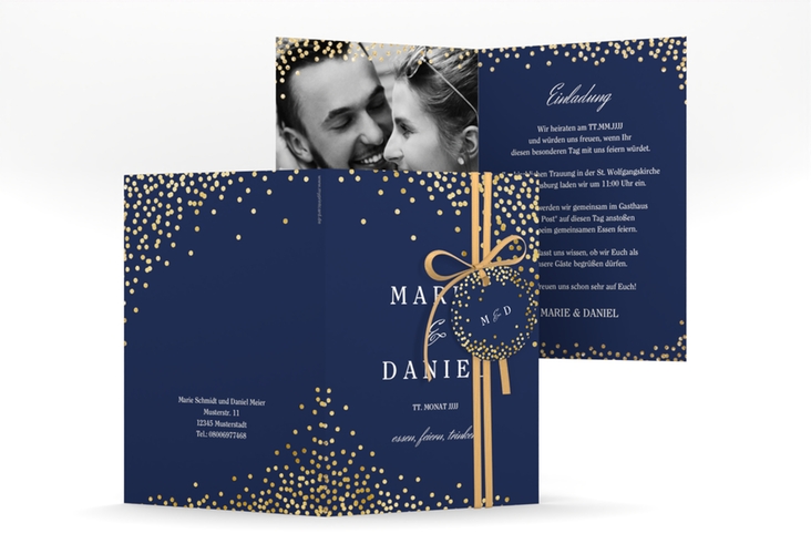 Einladungskarte Hochzeit Glitter A6 Klappkarte hoch blau gold